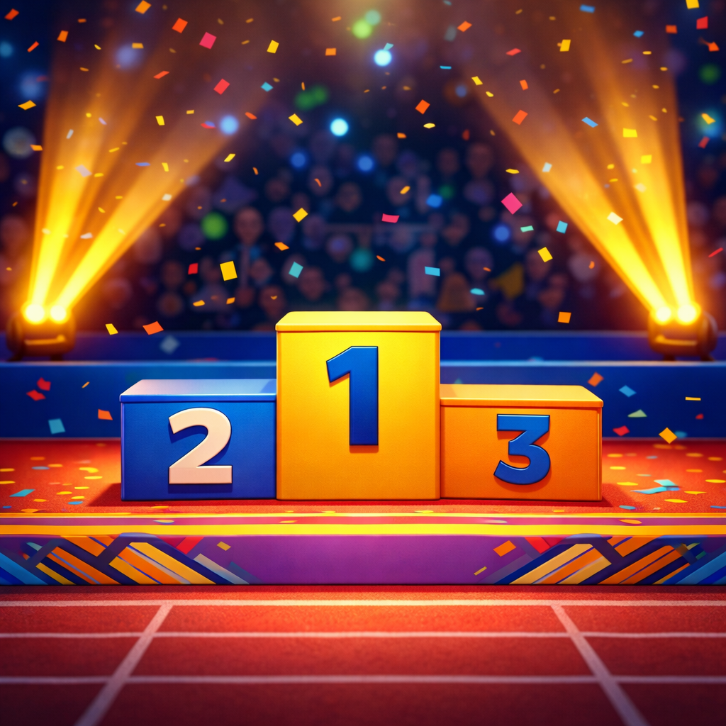 First, second, and third place podium with colorful confetti and stadium lighting